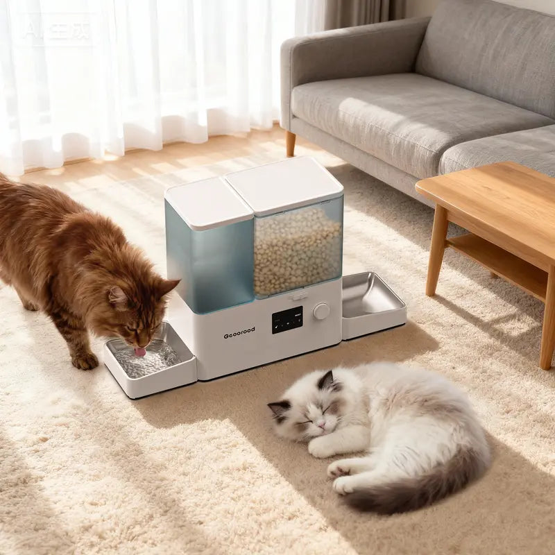Geoorood 2-in-1 Automatic Pet Feeder & Gravity Water Dispenser Set with Stainless Steel Bowls - 8.5L/36Cups Capacity, Food/Water Split, Customizable Plan, Auto Filling, Stable Base, Easy Cleaning, Night Monitoring, Power Supply for Cats Small Dogs