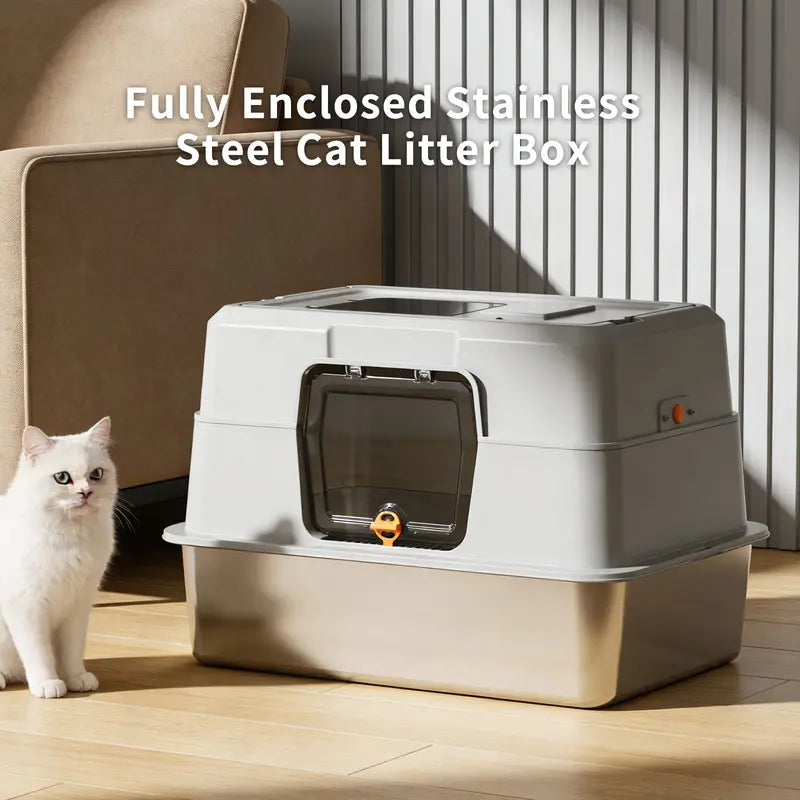 Black Stainless Steel Fully Enclosed Front Entry Closed Box Litter Tray - 50*35*10 cm High Sides, Anti-Splashing Design, Odor Control, Durable Construction, Easy Clean, Closed Box Litter Boxes
