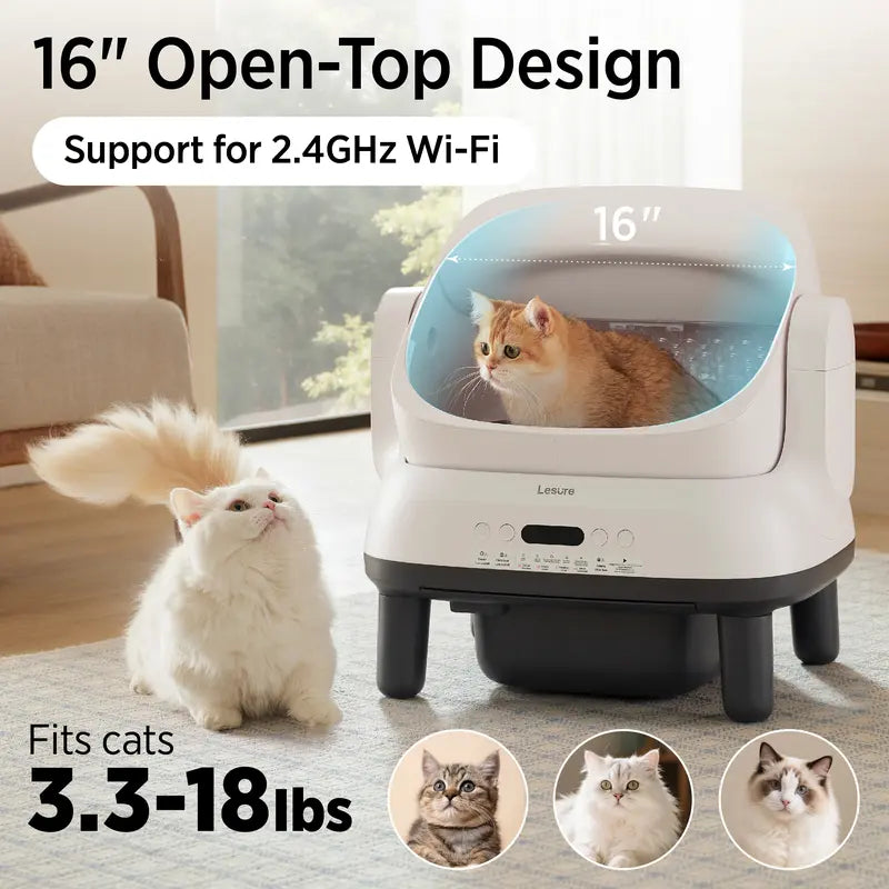 Lesure Silicone Self-Cleaning Litter Box - Hands Free, Safe, Odor Control, Easy-to-Use for 3.3-18lbs Cats, Vertical Strip Mesh Holes, Smart App Control, 8.9L Built-in Waste Bin, Modern Cat Litterbox