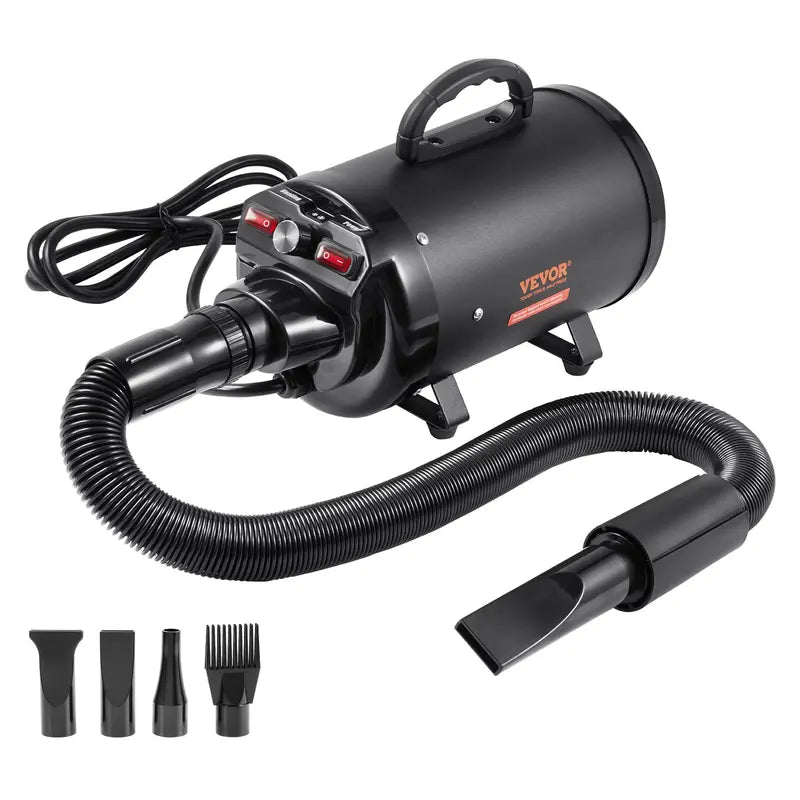 【toolupgrade】VEVOR 2800W/3.7HP Metal Housing Pet Grooming Dryer with Auto Shut-Off, Adjustable Speed, Temperature Control, 4 Nozzles, Extendable Hose, Heat Protection, Plastic Odor Prevention, Black