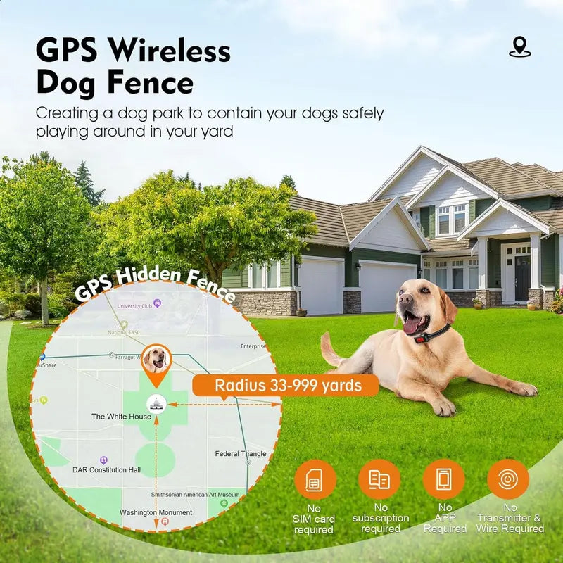 Automatic Wireless GPS Dog Fence Single Unit - Built for Yards, Farms, Beaches, IPX7 Waterproof, 33-999yd Range, No Wire/SIM/App Needed, Plastic Boundary Control, 0.24lb Rechargeable Titanium Vibration Safe Training Collar, 24-Hour Runtime for Long Outings