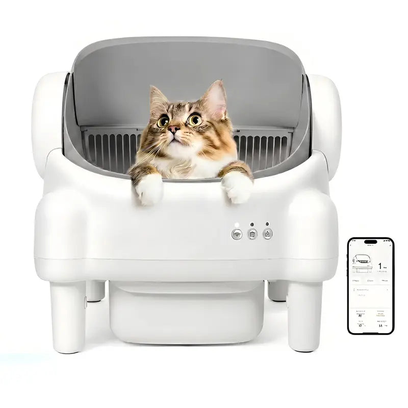 TAYACICY Open Top Automatic Litter Box - Self-Cleaning, App-Controlled (2.4G WiFi Only) for Multiple Cats with Safety Sensors, Odor Control, 2 Liner Rolls, Large Waste Bin, Cream White,back to school