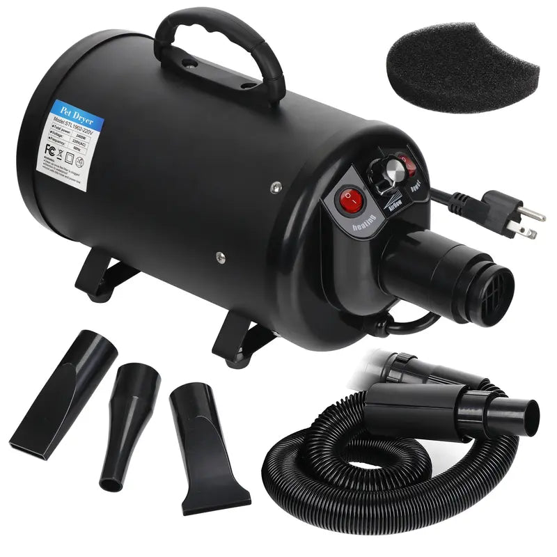 SuperDeal Quiet Pet Dog Hair Dryer - 2400W Fast Dry, AC 110V 60Hz, Adjustable Temperature, Variable Speed, Insulated Hose, Electrodeless Design, 14x6.5x8 Inches Calming Dog Grooming Tool