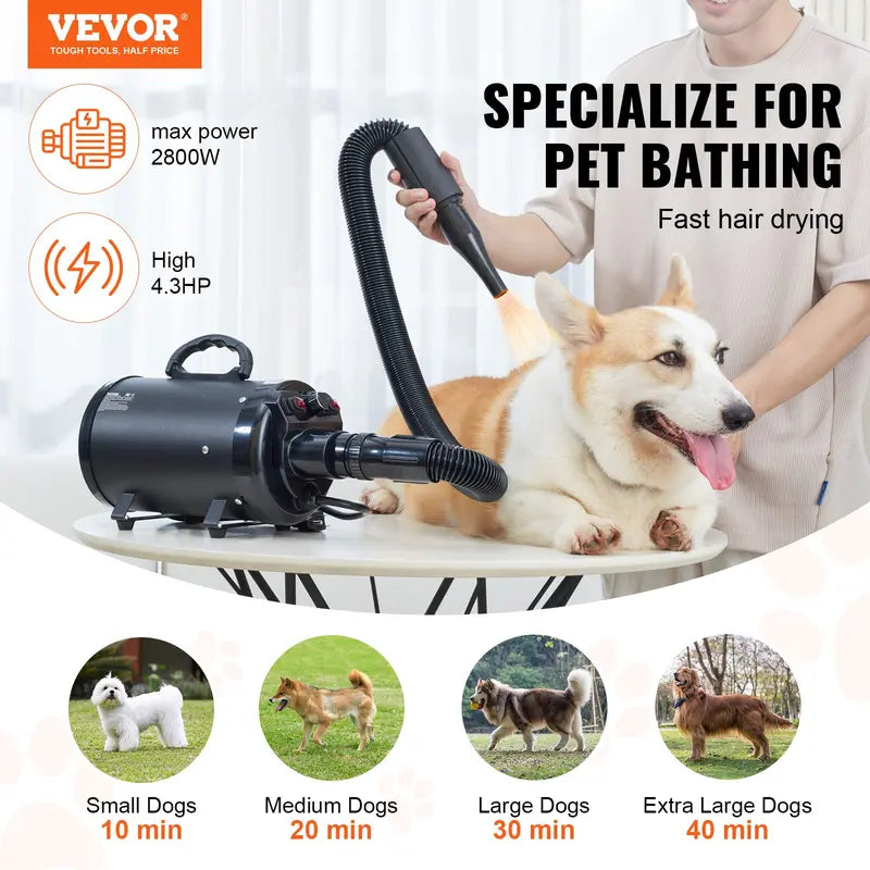 【toolupgrade】VEVOR 2800W/3.7HP Metal Housing Pet Grooming Dryer with Auto Shut-Off, Adjustable Speed, Temperature Control, 4 Nozzles, Extendable Hose, Heat Protection, Plastic Odor Prevention, Black