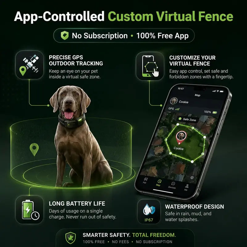 GPS Wireless Dog Collar Fence System - No Monthly Fee App Control, Custom Polygon Boundary & Remote Training, Free Phone Tracker for Up to 5 Pets, Virtual Electric Fence for Dogs, Black