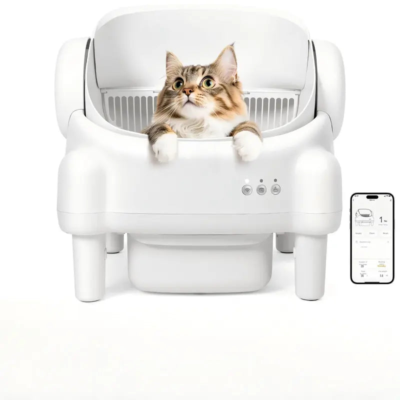 TAYACICY Open Top Automatic Litter Box - Self-Cleaning, App-Controlled (2.4G WiFi Only) for Multiple Cats with Safety Sensors, Odor Control, 2 Liner Rolls, Large Waste Bin, Cream White,back to school