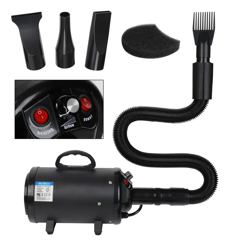 SuperDeal Quiet Pet Dog Hair Dryer - 2400W Fast Dry, AC 110V 60Hz, Adjustable Temperature, Variable Speed, Insulated Hose, Electrodeless Design, 14x6.5x8 Inches Calming Dog Grooming Tool