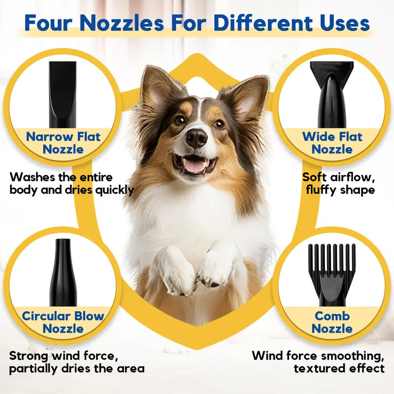 High Velocity Dog Hair Dryer Pet Grooming Tool, Noise-Reducing Force Blower with 4 Nozzles, Adjustable Temperature-Speed, Heat Protection, Plastic Body for Pet Supplies Calm Drying Sessions