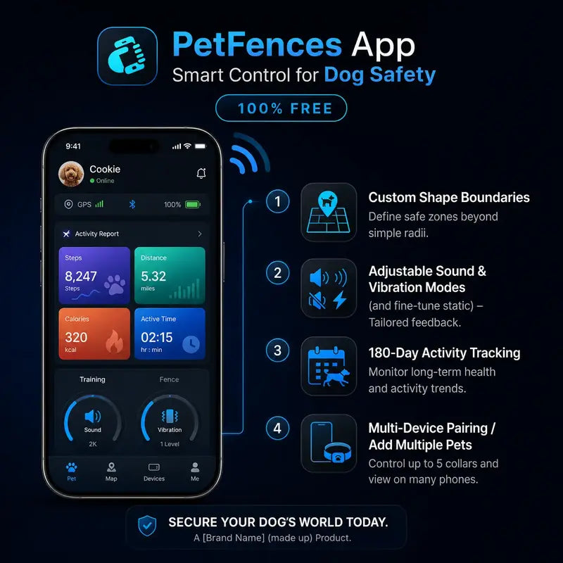 GPS Wireless Dog Collar Fence System - No Monthly Fee App Control, Custom Polygon Boundary & Remote Training, Free Phone Tracker for Up to 5 Pets, Virtual Electric Fence for Dogs, Black