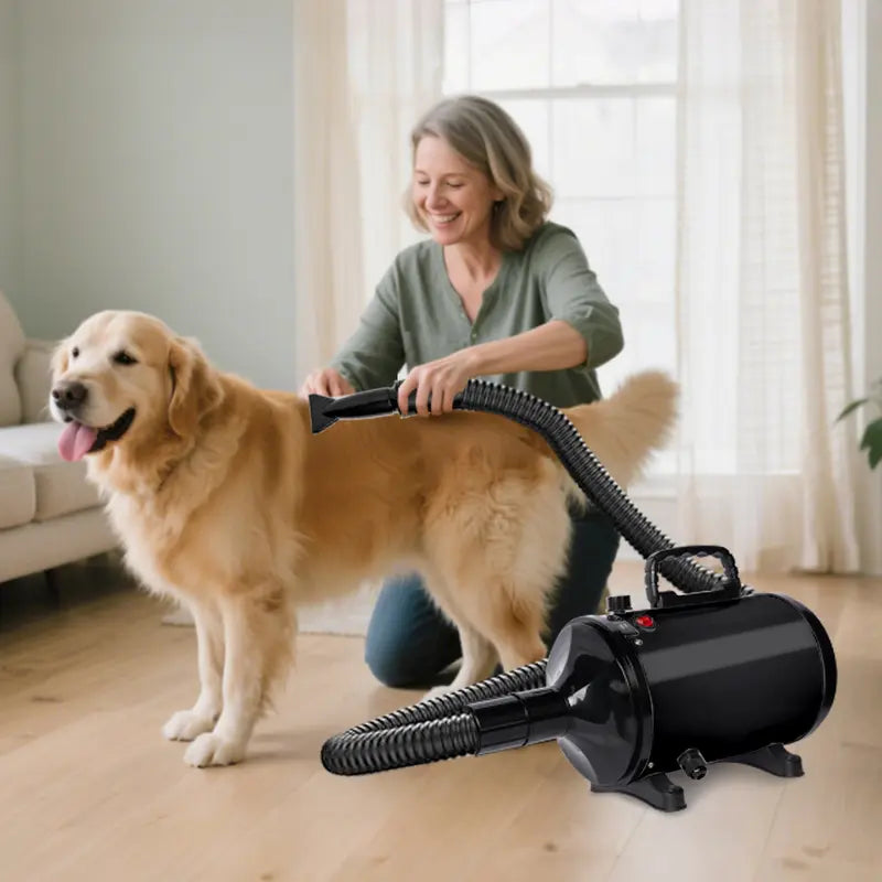 High Velocity Dog Hair Dryer Pet Grooming Tool, Noise-Reducing Force Blower with 4 Nozzles, Adjustable Temperature-Speed, Heat Protection, Plastic Body for Pet Supplies Calm Drying Sessions