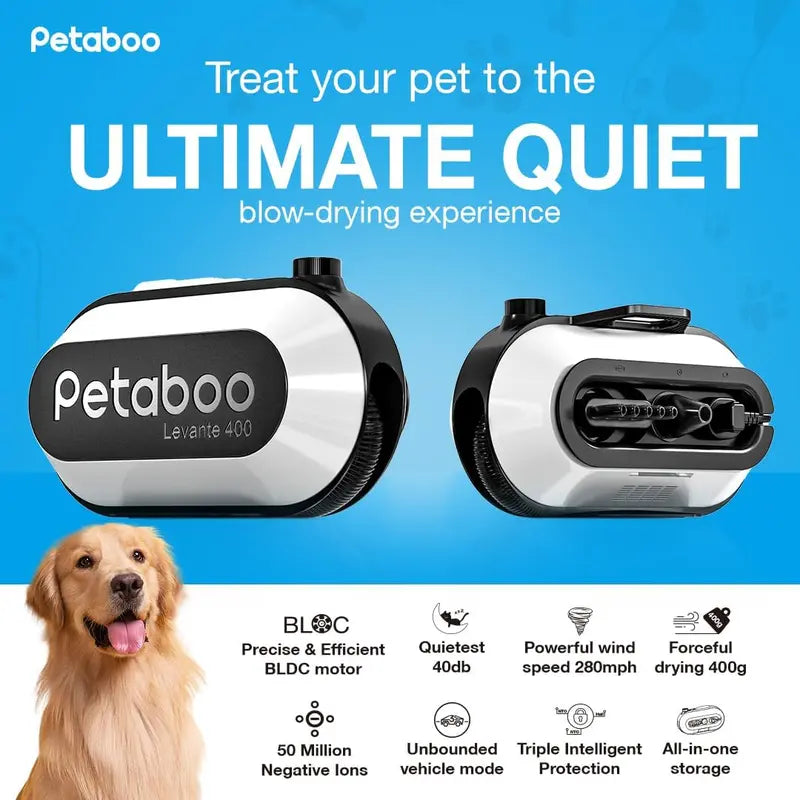 Petaboo Dog Dryer Super Quiet 40db Dog Blow Dryer PetGrooming High-velocity Force Blower with 3 Nozzles Adjustable Speed and Temperature Dog Hair Dryers for Grooming