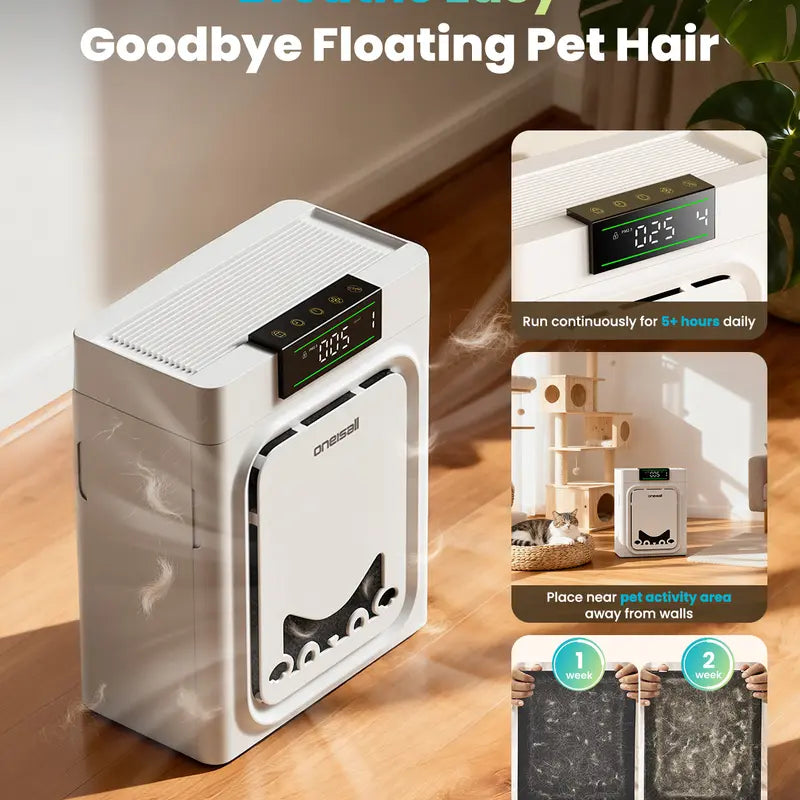 oneisall air purifiers for home pets, 3-in-1 Washable HEPA Filter, Dual-Sided Filter with 200g Activated Carbon, Pet-Friendly Design – Pet Lock, Allergen Relief & Odor Removal Dual-Side Air Intake Adsorbs Floating Hair