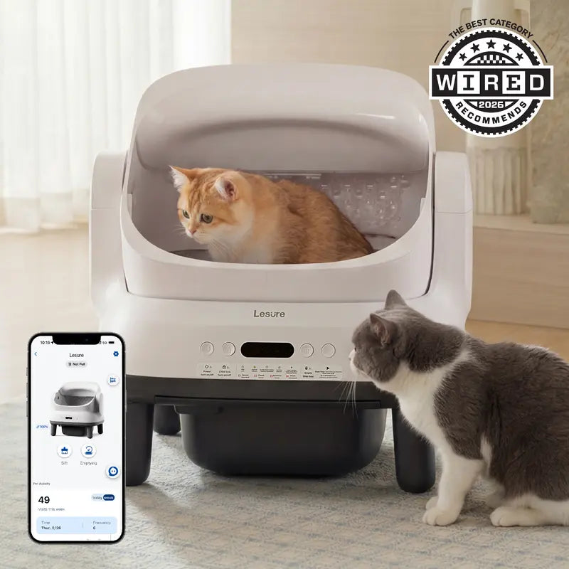 Lesure Silicone Self-Cleaning Litter Box - Hands Free, Safe, Odor Control, Easy-to-Use for 3.3-18lbs Cats, Vertical Strip Mesh Holes, Smart App Control, 8.9L Built-in Waste Bin, Modern Cat Litterbox