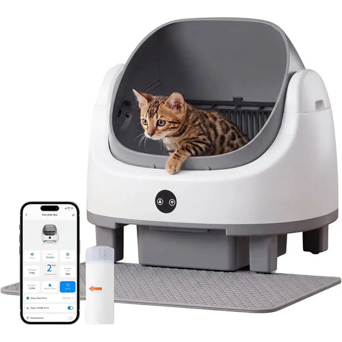 Automatic Cat Litter Box - App Control, Self-Cleaning, Odor Removal, Multi-Cat Safety Protection, Includes Mat, Garbage Bag, Fragrance Box, Grey, Automatic Litter Box