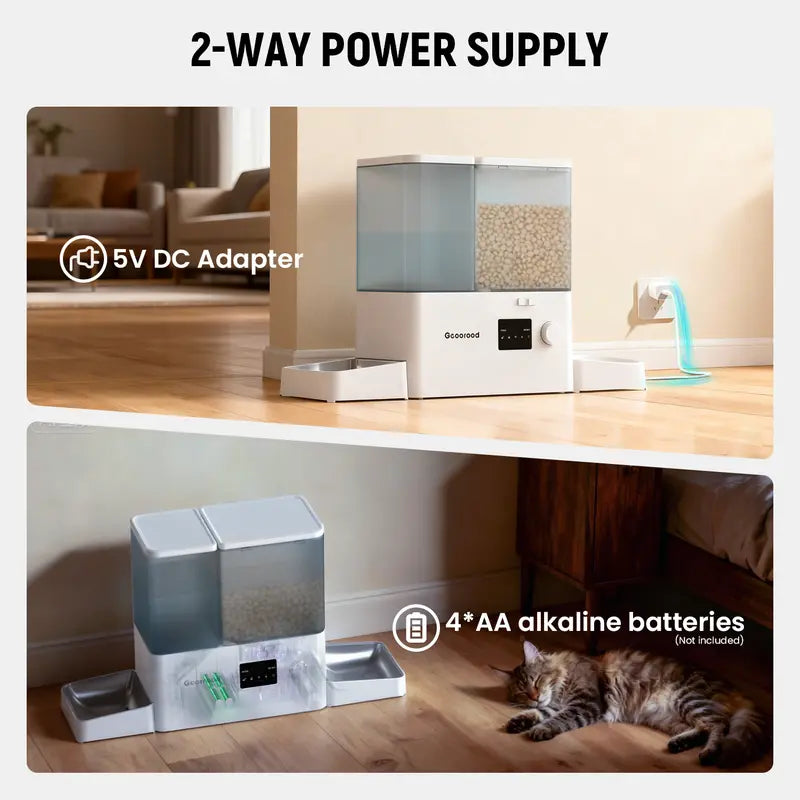 Geoorood 2-in-1 Automatic Pet Feeder & Gravity Water Dispenser Set with Stainless Steel Bowls - 8.5L/36Cups Capacity, Food/Water Split, Customizable Plan, Auto Filling, Stable Base, Easy Cleaning, Night Monitoring, Power Supply for Cats Small Dogs