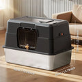 Black Stainless Steel Fully Enclosed Front Entry Closed Box Litter Tray - 50*35*10 cm High Sides, Anti-Splashing Design, Odor Control, Durable Construction, Easy Clean, Closed Box Litter Boxes