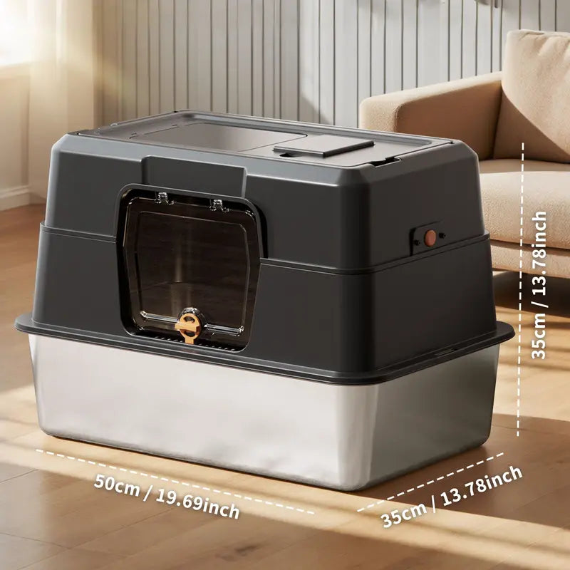 Black Stainless Steel Fully Enclosed Front Entry Closed Box Litter Tray - 50*35*10 cm High Sides, Anti-Splashing Design, Odor Control, Durable Construction, Easy Clean, Closed Box Litter Boxes