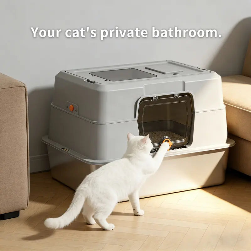 Black Stainless Steel Fully Enclosed Front Entry Closed Box Litter Tray - 50*35*10 cm High Sides, Anti-Splashing Design, Odor Control, Durable Construction, Easy Clean, Closed Box Litter Boxes