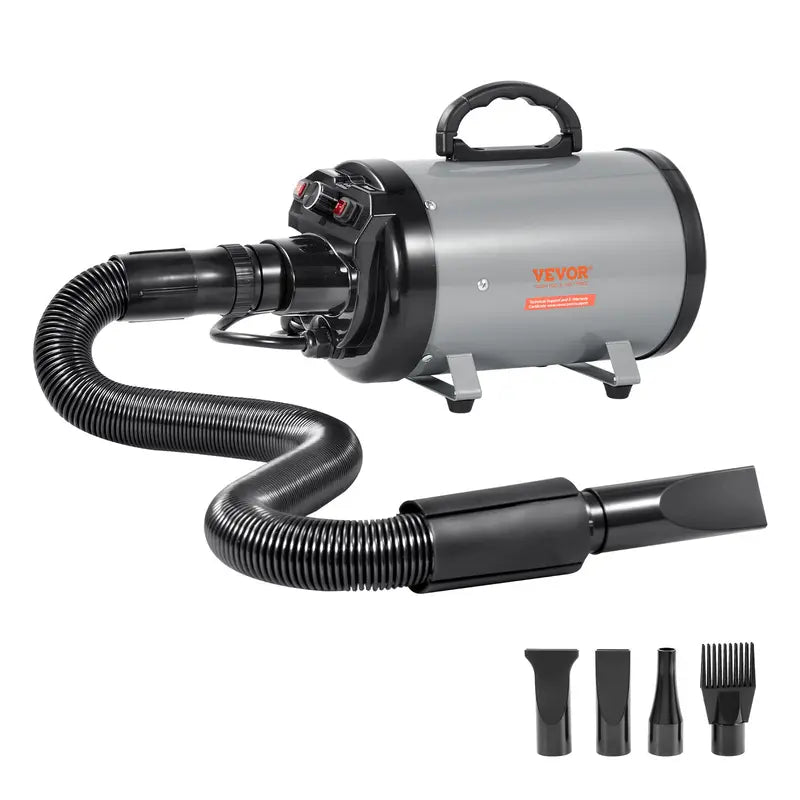 VEVOR 2000W/2.7HP Functional Dog Blow Dryer Single Unit, Pet Grooming Dryer with Adjustable Speed, Hot & Cold Temperature Control, 4 Nozzles, Extendable Connecting Hose, Grey Black