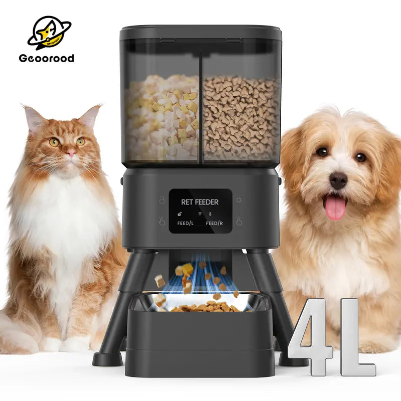 Geoorood Wi-Fi Automatic Cat Feeder, 4L Dual Chamber (2x2L) Dual Bins Handle Dry and Freeze-Dried, App Control, Meal Scheduling, Mix Kibble+Freeze, Removable Bowl Rinses Clean Fast, Battery Powered, Desiccant Bags for Fresh Food, Customizable Portions