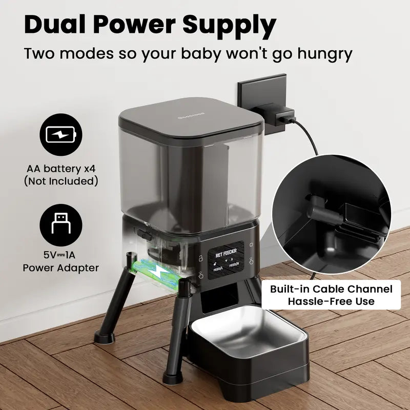 Geoorood Wi-Fi Automatic Cat Feeder, 4L Dual Chamber (2x2L) Dual Bins Handle Dry and Freeze-Dried, App Control, Meal Scheduling, Mix Kibble+Freeze, Removable Bowl Rinses Clean Fast, Battery Powered, Desiccant Bags for Fresh Food, Customizable Portions
