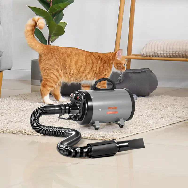 VEVOR 2000W/2.7HP Functional Dog Blow Dryer Single Unit, Pet Grooming Dryer with Adjustable Speed, Hot & Cold Temperature Control, 4 Nozzles, Extendable Connecting Hose, Grey Black