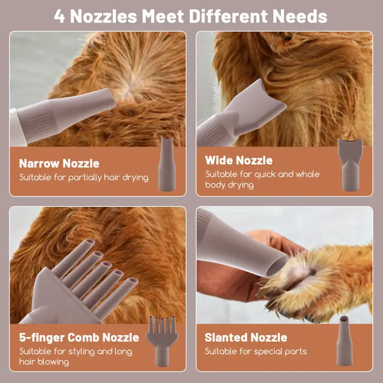 COSTWAY Dog Dryer, Dog Blow Dryer with Adjustable Speed, Airflow, and Temperature, Negative Ion Function, Overheat Protection, High Velocity Dog Hair Dryer for Pet Grooming with 4 Nozzles