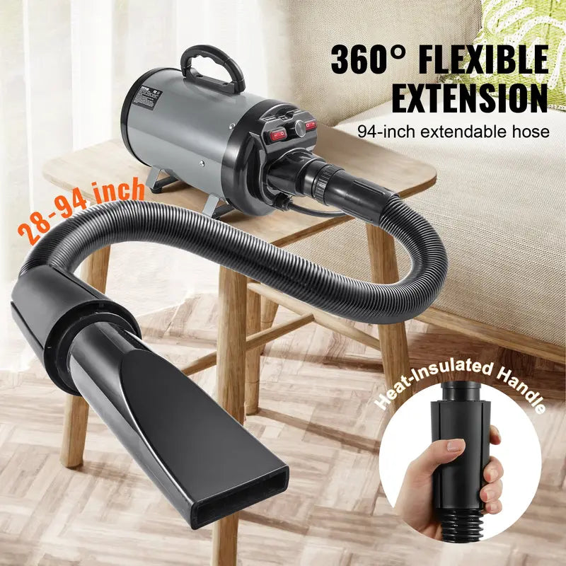 VEVOR 2000W/2.7HP Functional Dog Blow Dryer Single Unit, Pet Grooming Dryer with Adjustable Speed, Hot & Cold Temperature Control, 4 Nozzles, Extendable Connecting Hose, Grey Black