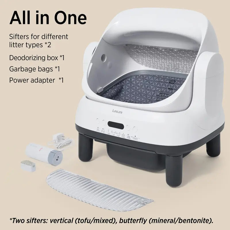 Lesure Silicone Self-Cleaning Litter Box - Hands Free, Safe, Odor Control, Easy-to-Use for 3.3-18lbs Cats, Vertical Strip Mesh Holes, Smart App Control, 8.9L Built-in Waste Bin, Modern Cat Litterbox