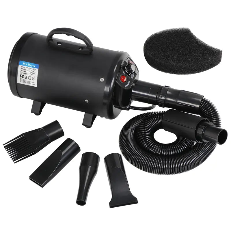 SuperDeal Quiet Pet Dog Hair Dryer - 2400W Fast Dry, AC 110V 60Hz, Adjustable Temperature, Variable Speed, Insulated Hose, Electrodeless Design, 14x6.5x8 Inches Calming Dog Grooming Tool