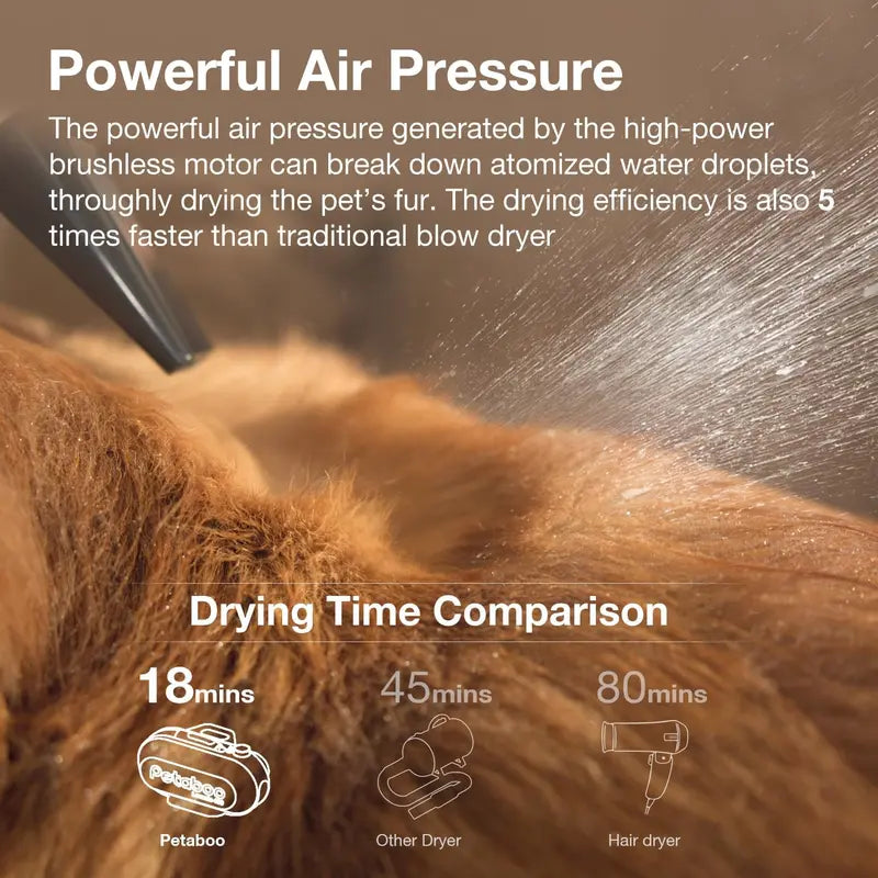 Petaboo Dog Dryer Super Quiet 40db Dog Blow Dryer PetGrooming High-velocity Force Blower with 3 Nozzles Adjustable Speed and Temperature Dog Hair Dryers for Grooming