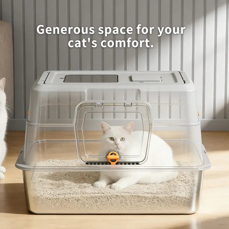 Black Stainless Steel Fully Enclosed Front Entry Closed Box Litter Tray - 50*35*10 cm High Sides, Anti-Splashing Design, Odor Control, Durable Construction, Easy Clean, Closed Box Litter Boxes