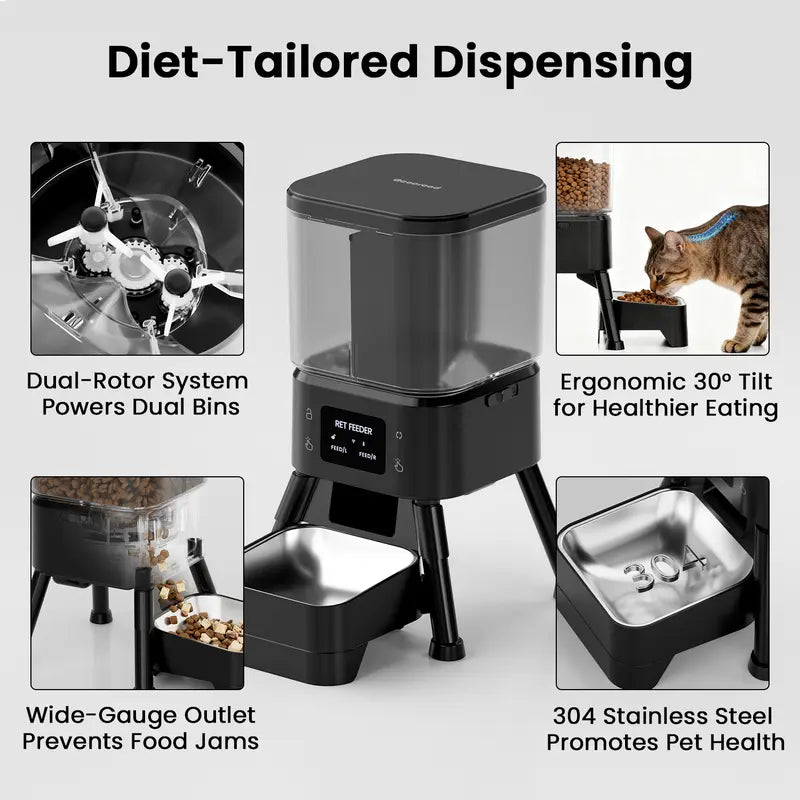 Geoorood Wi-Fi Automatic Cat Feeder, 4L Dual Chamber (2x2L) Dual Bins Handle Dry and Freeze-Dried, App Control, Meal Scheduling, Mix Kibble+Freeze, Removable Bowl Rinses Clean Fast, Battery Powered, Desiccant Bags for Fresh Food, Customizable Portions