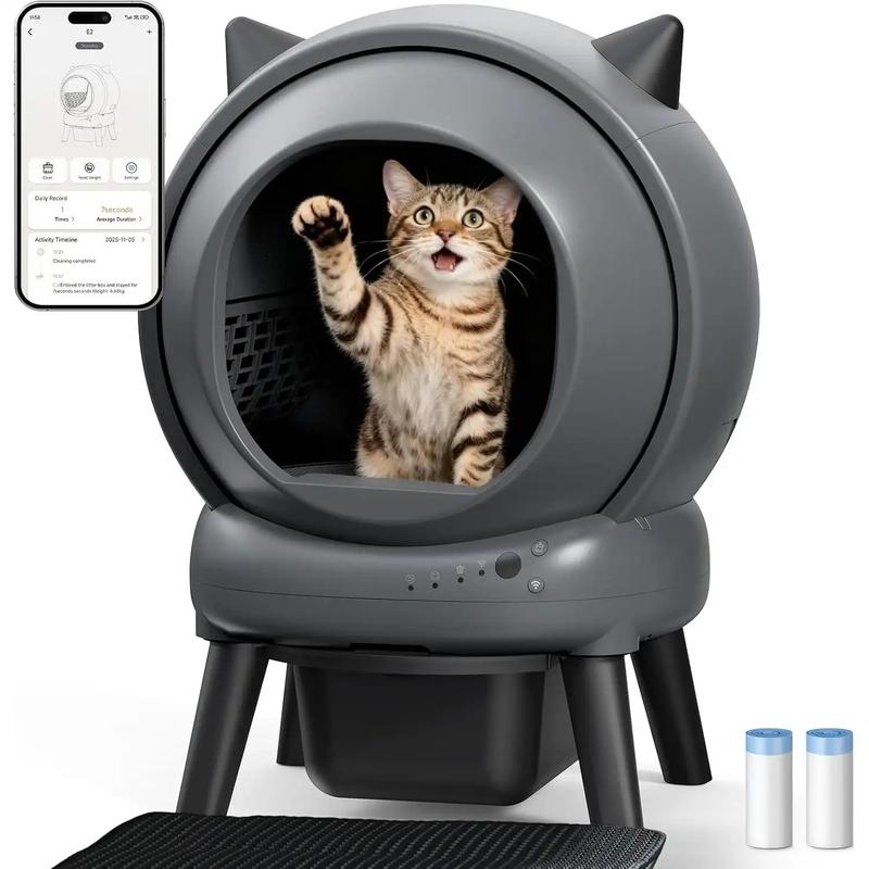 Self Cleaning Litter Box for Multiple Cats, E2 Automatic Cat Litter Box, Self-Cleaning Robot with Smart APP Control and Health Monitoring, Includes 2 Roll Trash Bag and Litter Mat, Grey