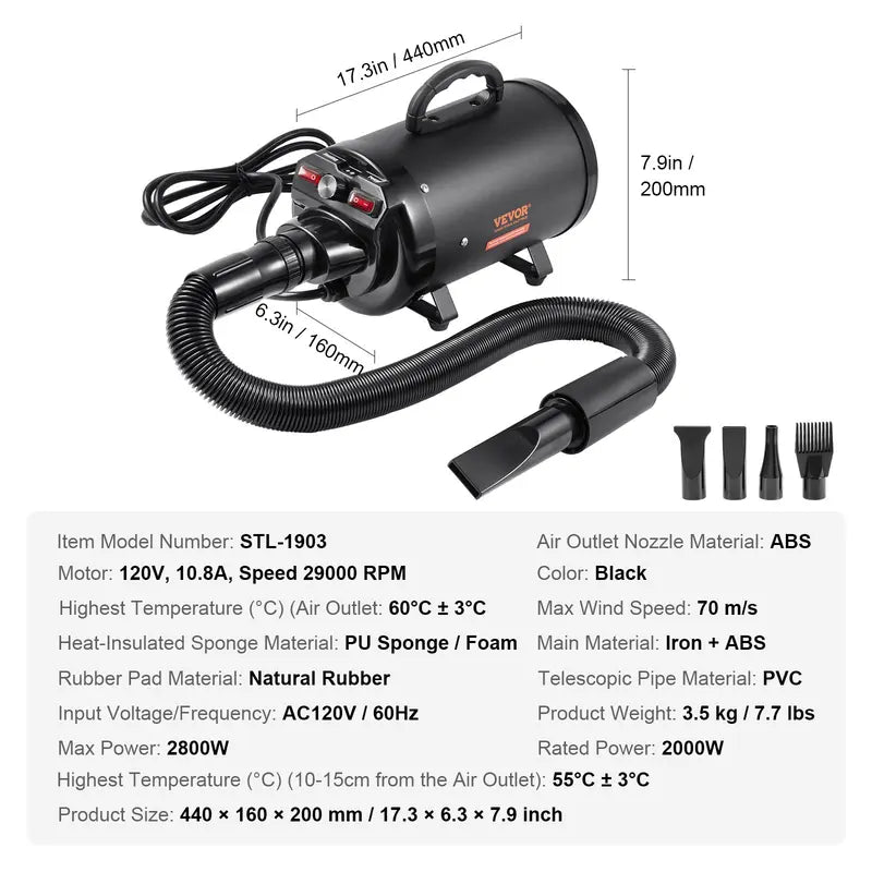 【toolupgrade】VEVOR 2800W/3.7HP Metal Housing Pet Grooming Dryer with Auto Shut-Off, Adjustable Speed, Temperature Control, 4 Nozzles, Extendable Hose, Heat Protection, Plastic Odor Prevention, Black