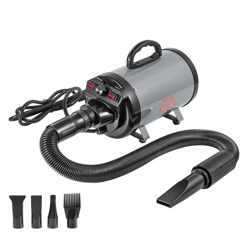 VEVOR 2000W/2.7HP Functional Dog Blow Dryer Single Unit, Pet Grooming Dryer with Adjustable Speed, Hot & Cold Temperature Control, 4 Nozzles, Extendable Connecting Hose, Grey Black
