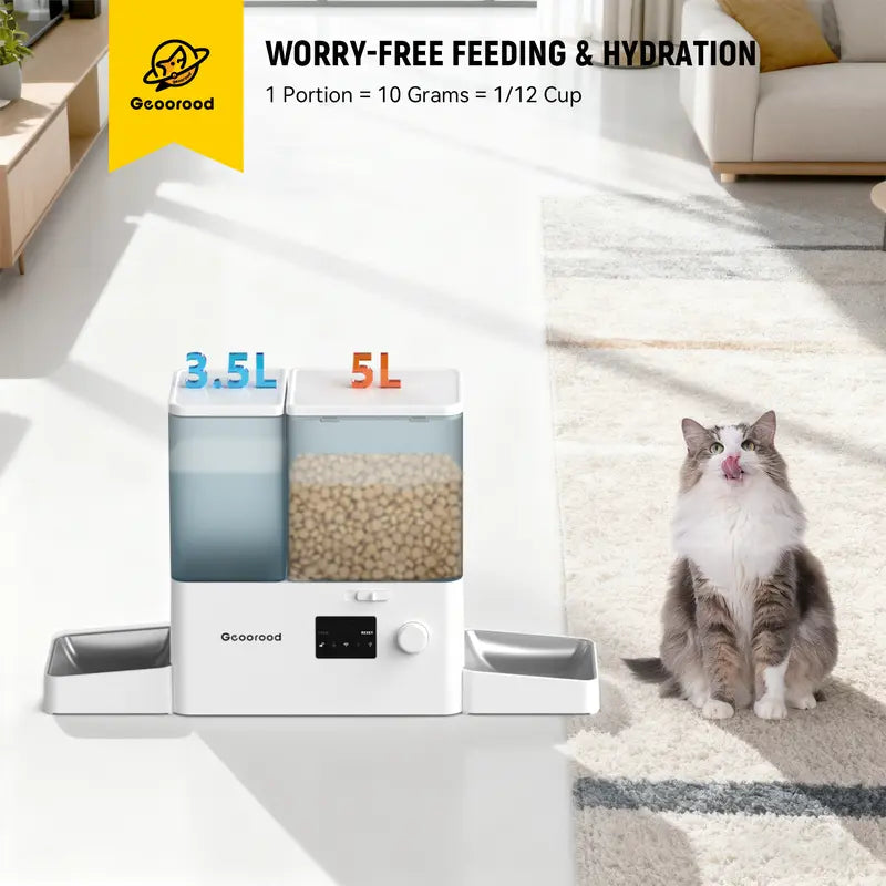 Geoorood 2-in-1 Automatic Pet Feeder & Gravity Water Dispenser Set with Stainless Steel Bowls - 8.5L/36Cups Capacity, Food/Water Split, Customizable Plan, Auto Filling, Stable Base, Easy Cleaning, Night Monitoring, Power Supply for Cats Small Dogs
