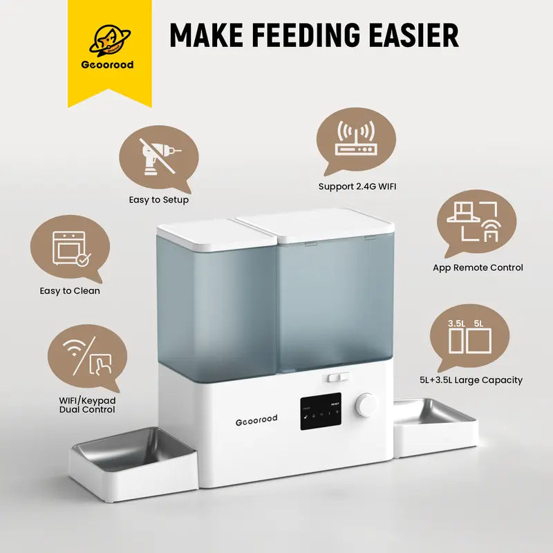 Geoorood 2-in-1 Automatic Pet Feeder & Gravity Water Dispenser Set with Stainless Steel Bowls - 8.5L/36Cups Capacity, Food/Water Split, Customizable Plan, Auto Filling, Stable Base, Easy Cleaning, Night Monitoring, Power Supply for Cats Small Dogs