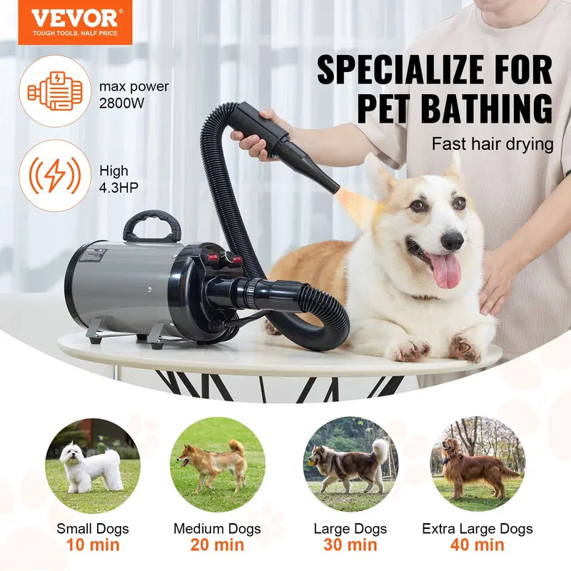 VEVOR 2000W/2.7HP Functional Dog Blow Dryer Single Unit, Pet Grooming Dryer with Adjustable Speed, Hot & Cold Temperature Control, 4 Nozzles, Extendable Connecting Hose, Grey Black