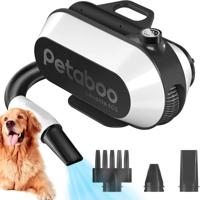 Petaboo Dog Dryer Super Quiet 40db Dog Blow Dryer PetGrooming High-velocity Force Blower with 3 Nozzles Adjustable Speed and Temperature Dog Hair Dryers for Grooming