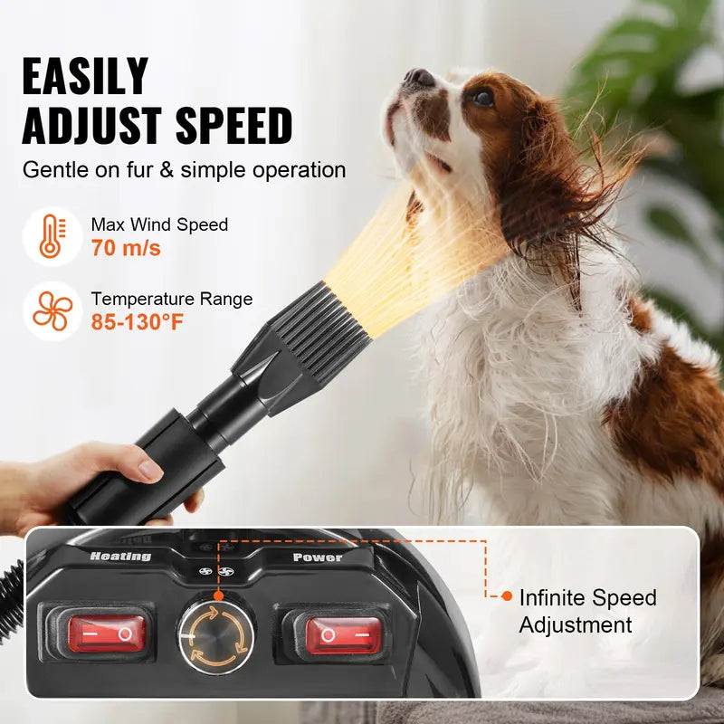 VEVOR 2000W/2.7HP Functional Dog Blow Dryer Single Unit, Pet Grooming Dryer with Adjustable Speed, Hot & Cold Temperature Control, 4 Nozzles, Extendable Connecting Hose, Grey Black