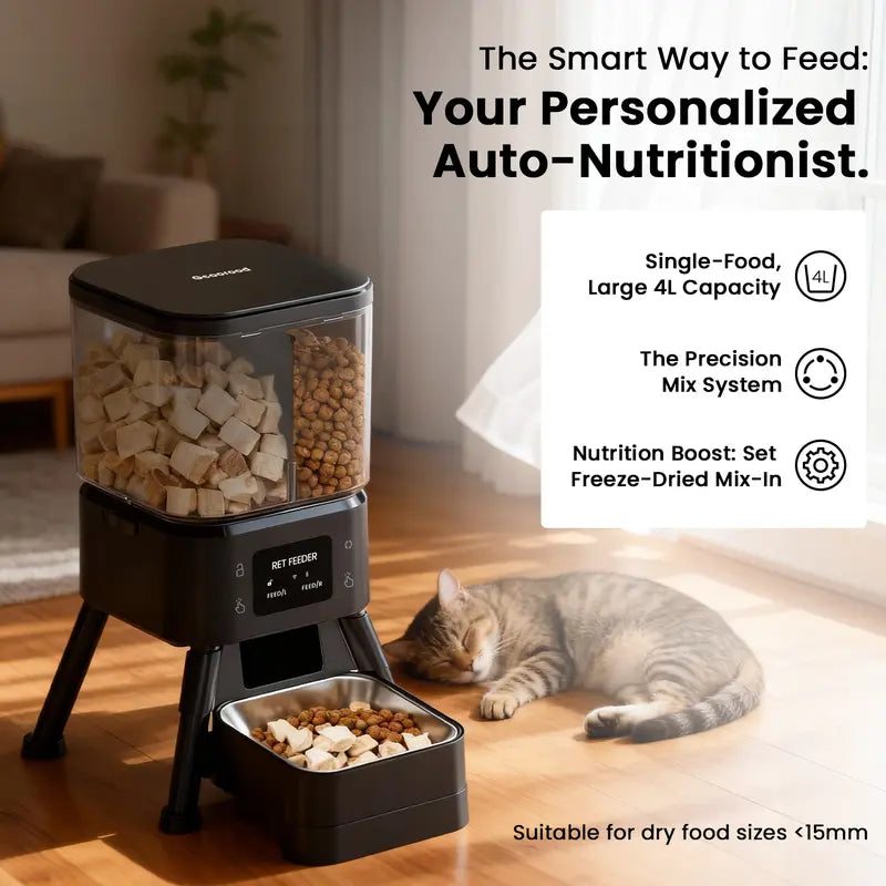 Geoorood Wi-Fi Automatic Cat Feeder, 4L Dual Chamber (2x2L) Dual Bins Handle Dry and Freeze-Dried, App Control, Meal Scheduling, Mix Kibble+Freeze, Removable Bowl Rinses Clean Fast, Battery Powered, Desiccant Bags for Fresh Food, Customizable Portions