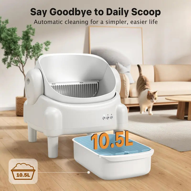TAYACICY Open Top Automatic Litter Box - Self-Cleaning, App-Controlled (2.4G WiFi Only) for Multiple Cats with Safety Sensors, Odor Control, 2 Liner Rolls, Large Waste Bin, Cream White,back to school
