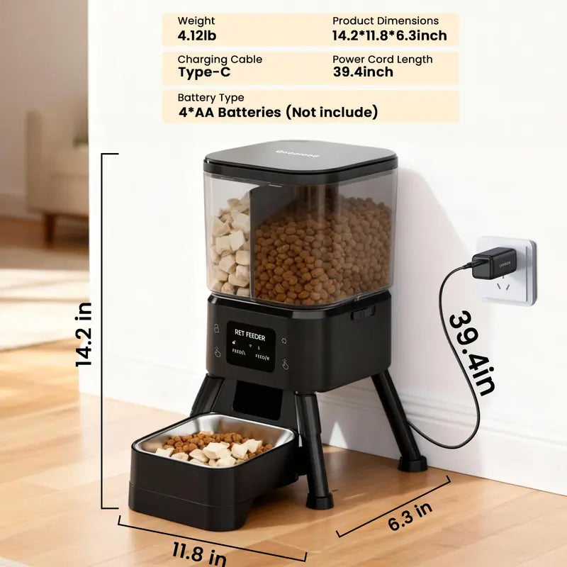 Geoorood Wi-Fi Automatic Cat Feeder, 4L Dual Chamber (2x2L) Dual Bins Handle Dry and Freeze-Dried, App Control, Meal Scheduling, Mix Kibble+Freeze, Removable Bowl Rinses Clean Fast, Battery Powered, Desiccant Bags for Fresh Food, Customizable Portions