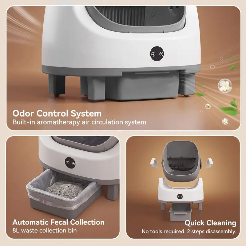 Automatic Cat Litter Box - App Control, Self-Cleaning, Odor Removal, Multi-Cat Safety Protection, Includes Mat, Garbage Bag, Fragrance Box, Grey, Automatic Litter Box