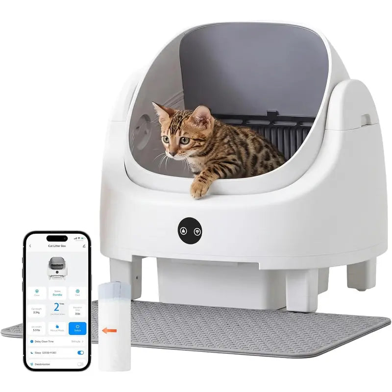 Automatic Cat Litter Box - App Control, Self-Cleaning, Odor Removal, Multi-Cat Safety Protection, Includes Mat, Garbage Bag, Fragrance Box, Grey, Automatic Litter Box