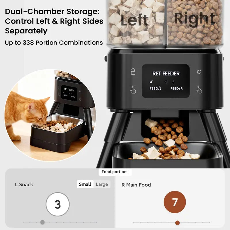Geoorood Wi-Fi Automatic Cat Feeder, 4L Dual Chamber (2x2L) Dual Bins Handle Dry and Freeze-Dried, App Control, Meal Scheduling, Mix Kibble+Freeze, Removable Bowl Rinses Clean Fast, Battery Powered, Desiccant Bags for Fresh Food, Customizable Portions