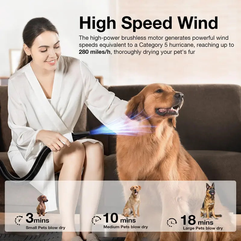 Petaboo Dog Dryer Super Quiet 40db Dog Blow Dryer PetGrooming High-velocity Force Blower with 3 Nozzles Adjustable Speed and Temperature Dog Hair Dryers for Grooming