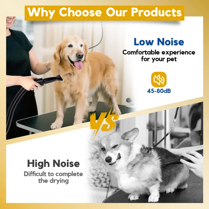 High Velocity Dog Hair Dryer Pet Grooming Tool, Noise-Reducing Force Blower with 4 Nozzles, Adjustable Temperature-Speed, Heat Protection, Plastic Body for Pet Supplies Calm Drying Sessions