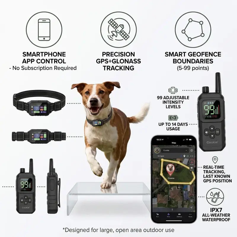 GPS Wireless Dog Collar Fence System - No Monthly Fee App Control, Custom Polygon Boundary & Remote Training, Free Phone Tracker for Up to 5 Pets, Virtual Electric Fence for Dogs, Black